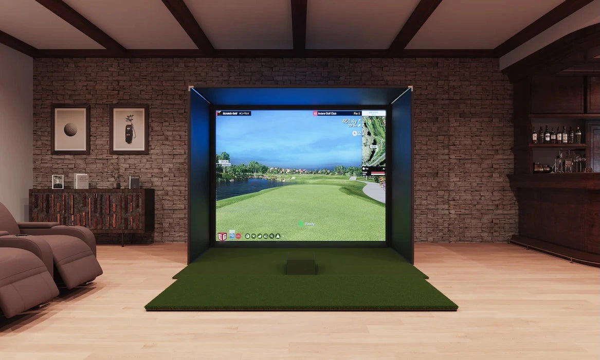Indoor golf simulator setup in a home entertainment room with a screen displaying a golf course.