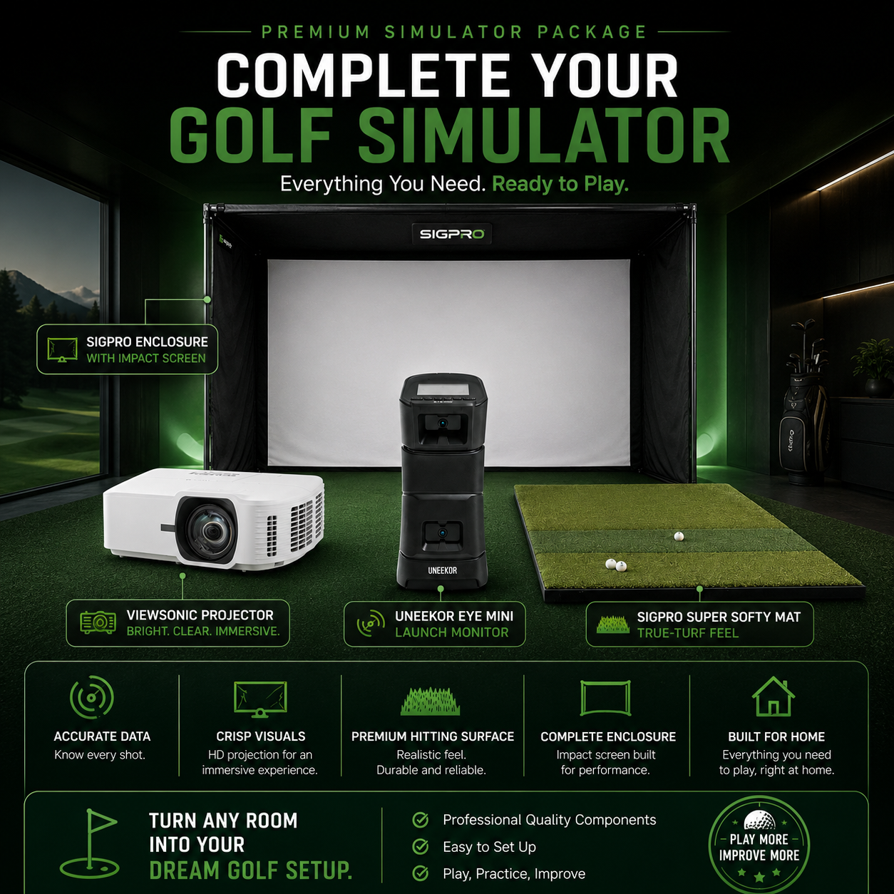 Uneekor EYE Mini Golf Simulator Package - With Enclosure, Impact Screen, Projector & Mat