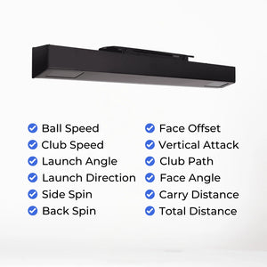 Black range hood with golf performance metrics on a white background