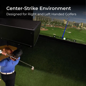 Golf simulator setup with a screen displaying a golf course and text indicating it's designed for right and left-handed golfers.