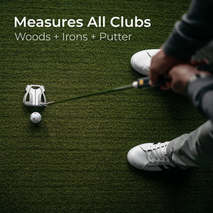 Golf club on grass with text 'Measures All Clubs Woods + Irons + Putter'