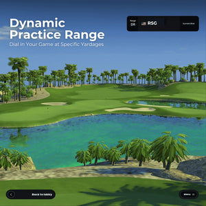 Golf course with palm trees and water body, featuring text about Dynamic Practice Range.