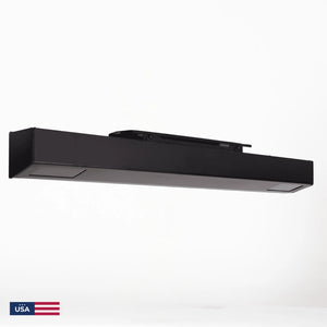 Black range hood on a gray background