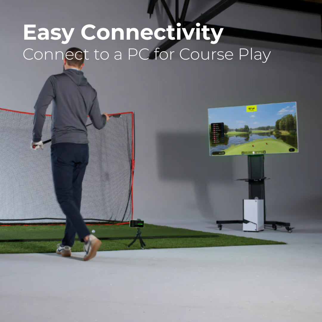 Person using a golf simulator with text 'Easy Connectivity Connect to a PC for Course Play' on a screen.