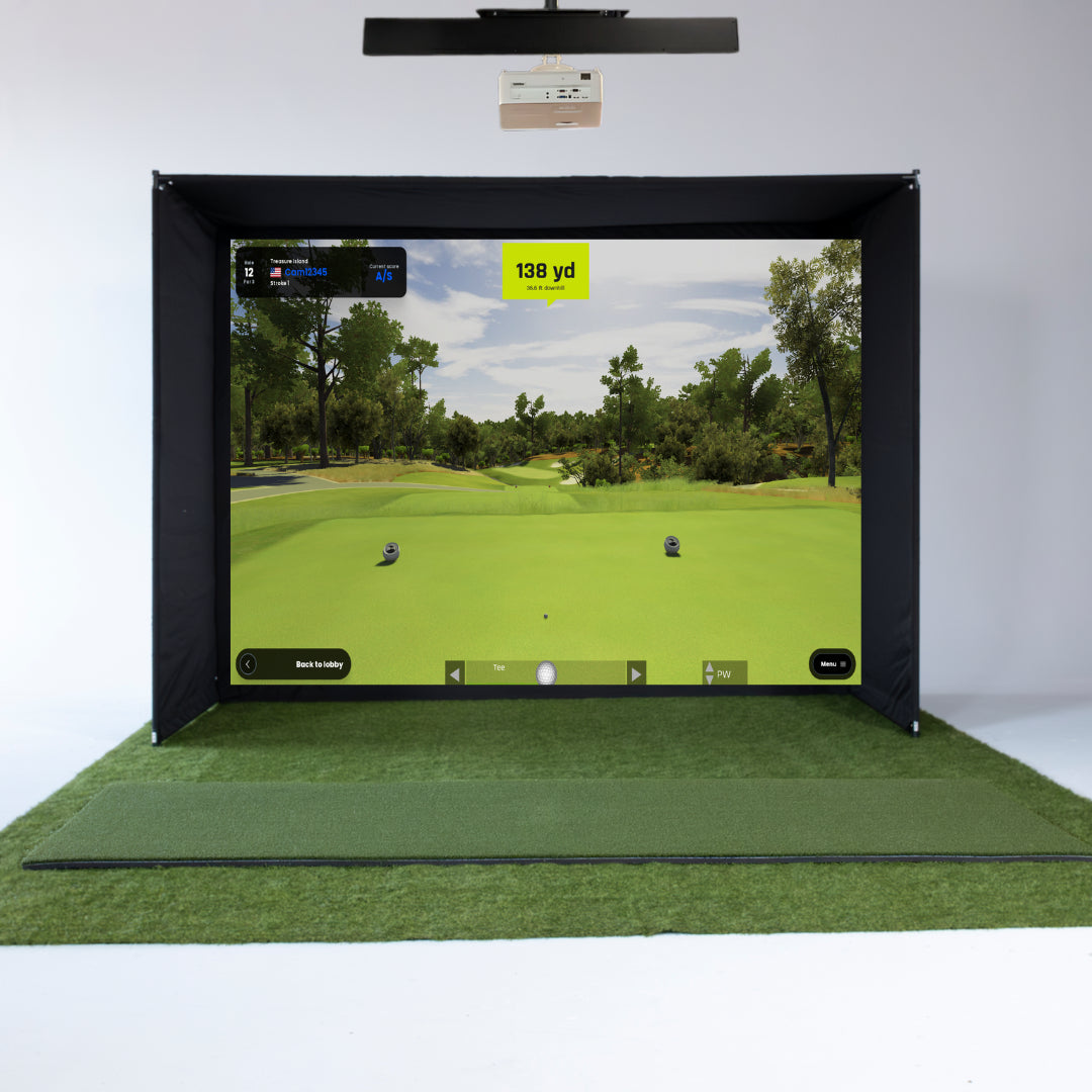 Golf simulator setup with screen displaying a golf course