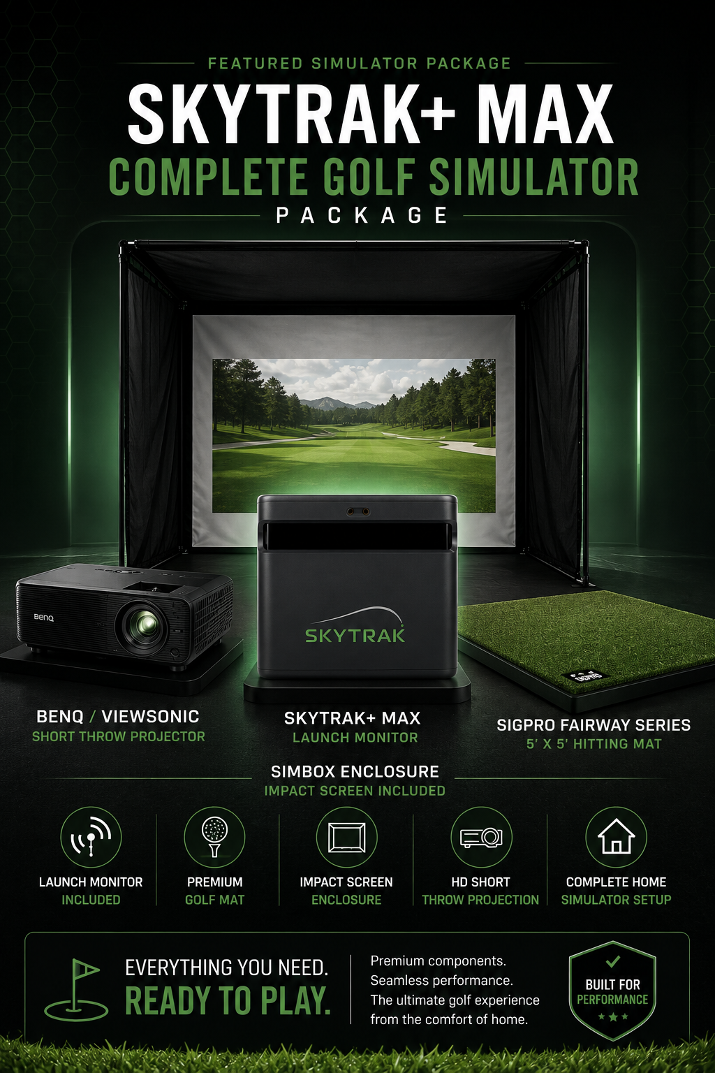 SkyTrak MAX Golf Simulator Package - SimBox Enclosure with Impact Screen + Fairway Mat + Projector